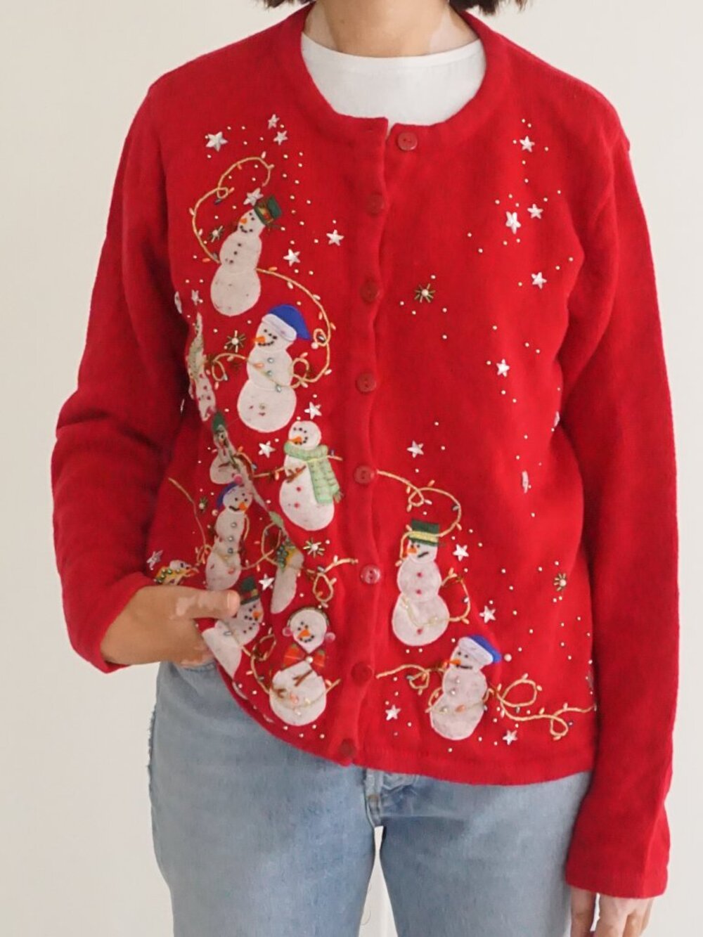 Vintage Compliments Red Snowmen Stars Gold Beaded Ugly Christmas Cardigan L
